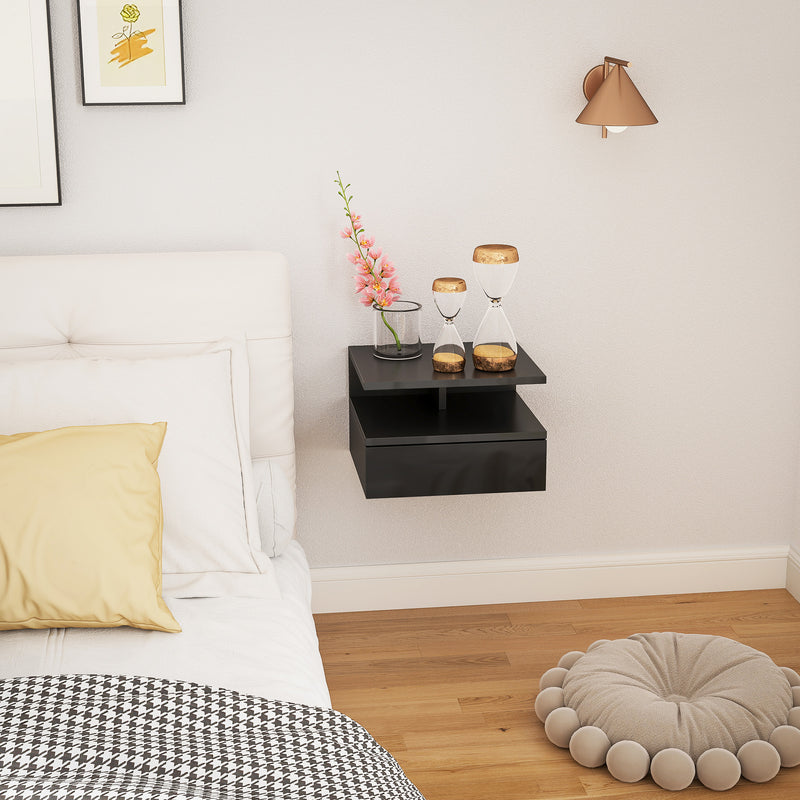 Comodino Sospeso 35x32x22,5 cm con Cassetto e Ripiano Aperto in Legno Nero Lucido  