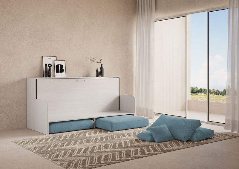 Letto Singolo A Scomparsa Kando Con Divano Con Materasso Bianco Frassino e Azzurro      