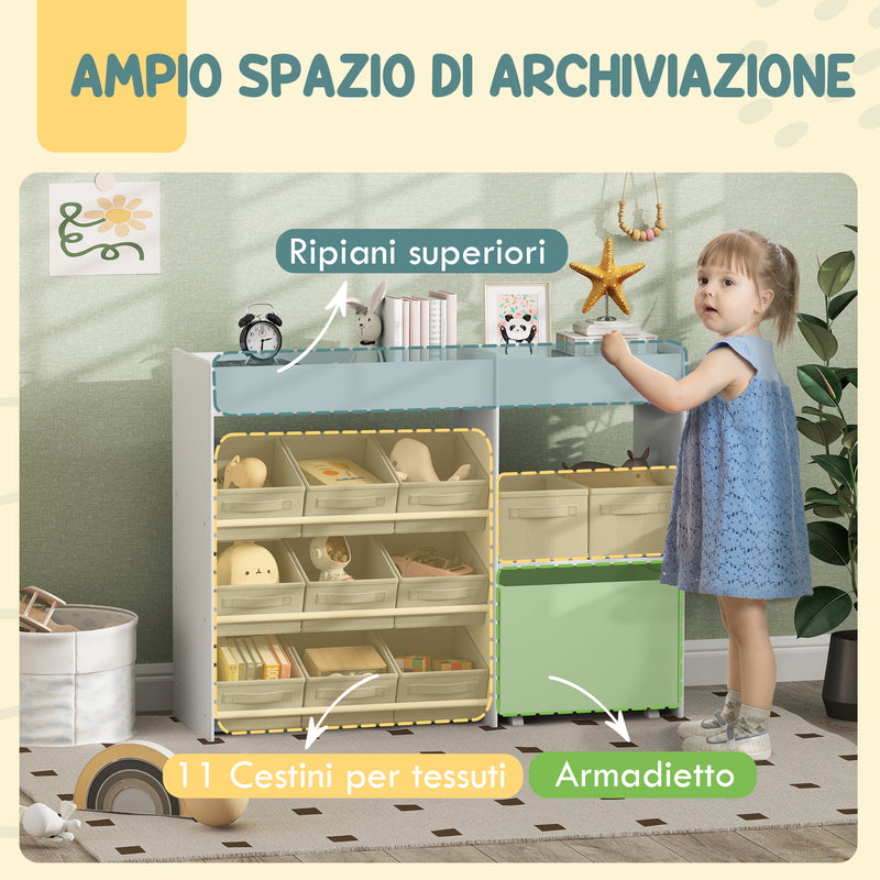 Mobile Portagiochi per Bambini 105x30x80 cm con 11 Cestini in Tessuto Armadietto e Ripiani in MDF Bianco      