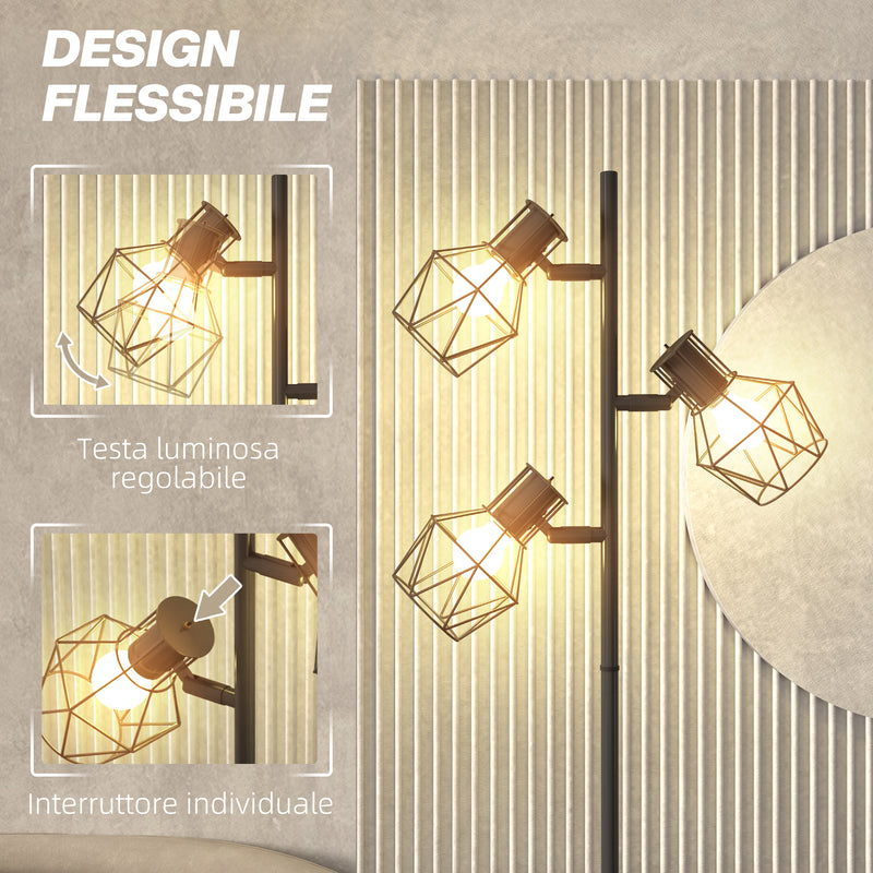 Lampada da Terra 3 Luci Orientabili 40W 41x28x169 cm in Metallo Nero 
