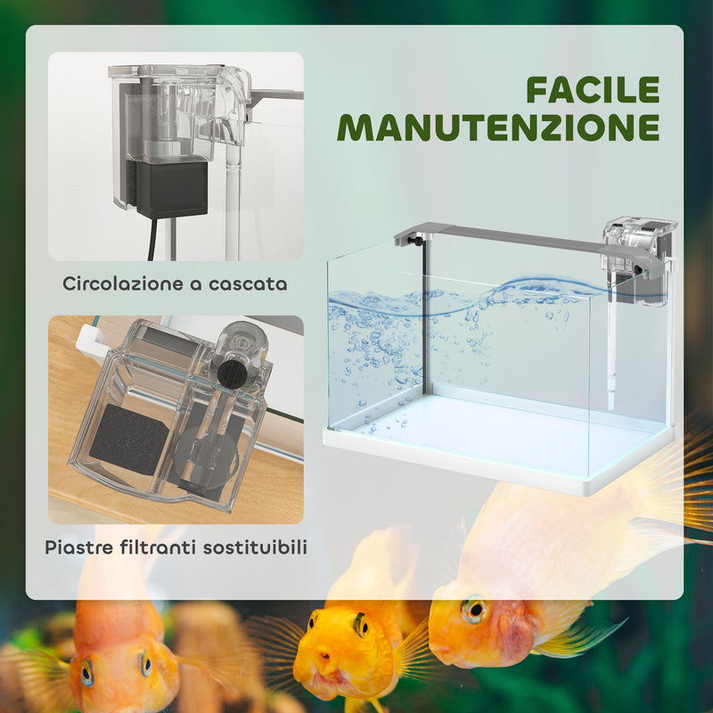Acquario in Vetro con Luci LED da 20L 38x26x27 cm Filtro e Pompa d'Acqua Bianco   