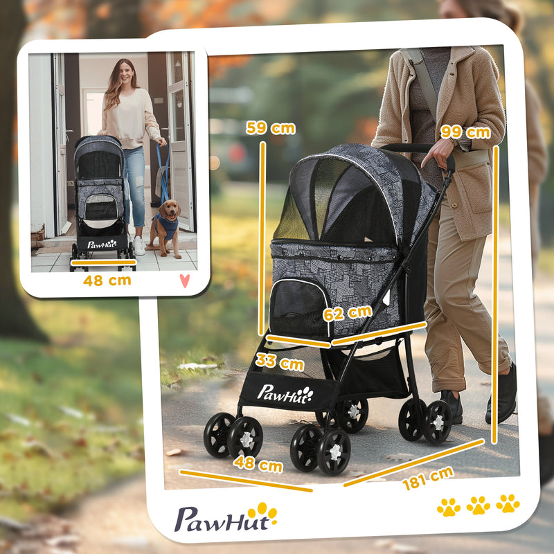 Passeggino per Cani Taglia XS e S 81x48x99 cm con Cesto Cuscino e 2 Guinzagli Nero e Grigio   