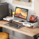 Supporto per Monitor da Scrivania 60-116x22x12 cm con 2 Cassetti 3 Spazi Sottostanti Portata 14kg Bianco      
