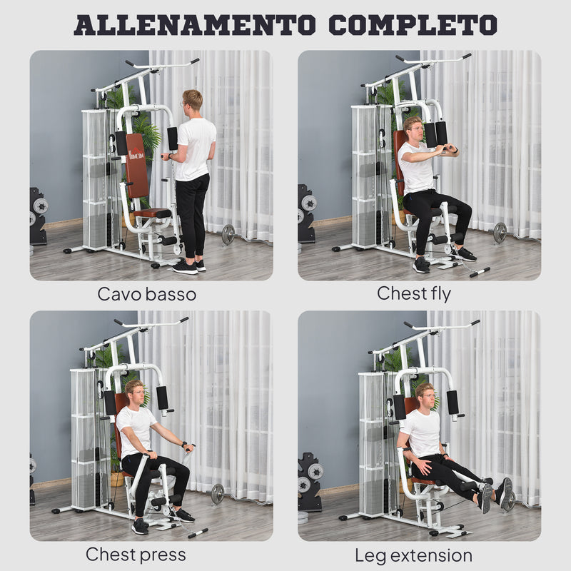 Stazione Fitness Multifunzione 150x110x210 cm in Acciaio e PU Bianco  