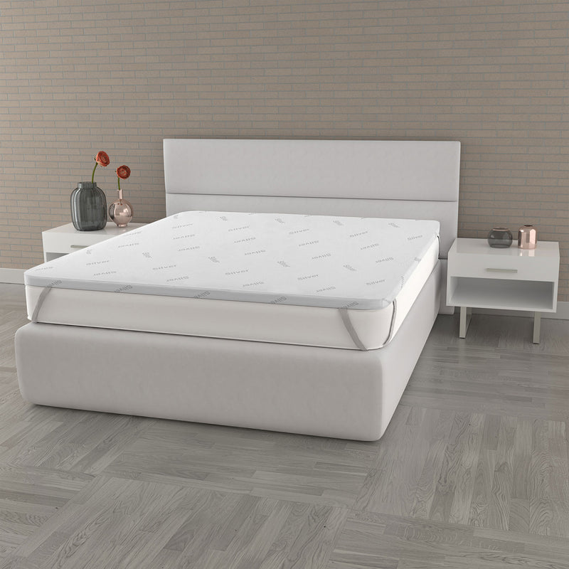 Topper Memory Sfoderabile Fodera Silver con Elastici in Poliestere e Fibra Bianco Varie Misure