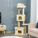 Albero Tiragraffi per Gatti Alto 136 cm con Cuccia Rimovibile Casetta e Lettino Pali in Iuta Beige      