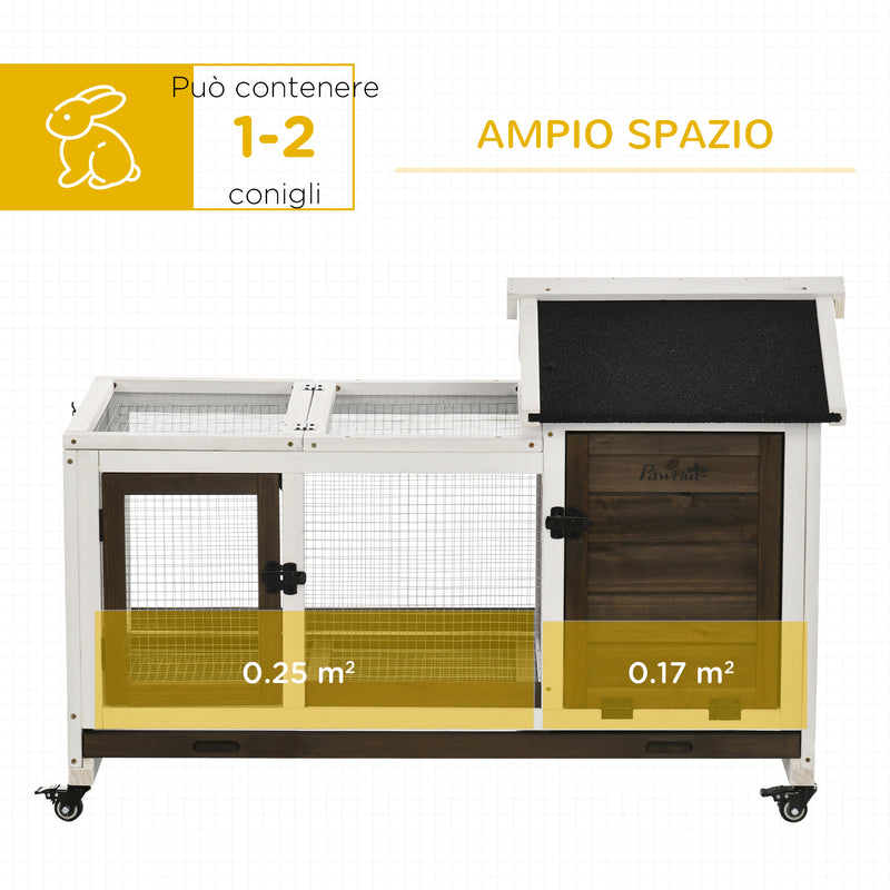 Conigliera da Esterno 108x58x73,5 cm con Tetto Apribile e Ruote in Legno Marrone  