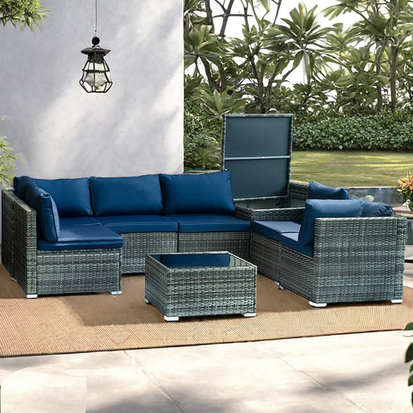 Set Salotto da Giardino per Patio 8 Pezzi Tavolo con Piano in Vetro in Polyrattan Blu prezzo