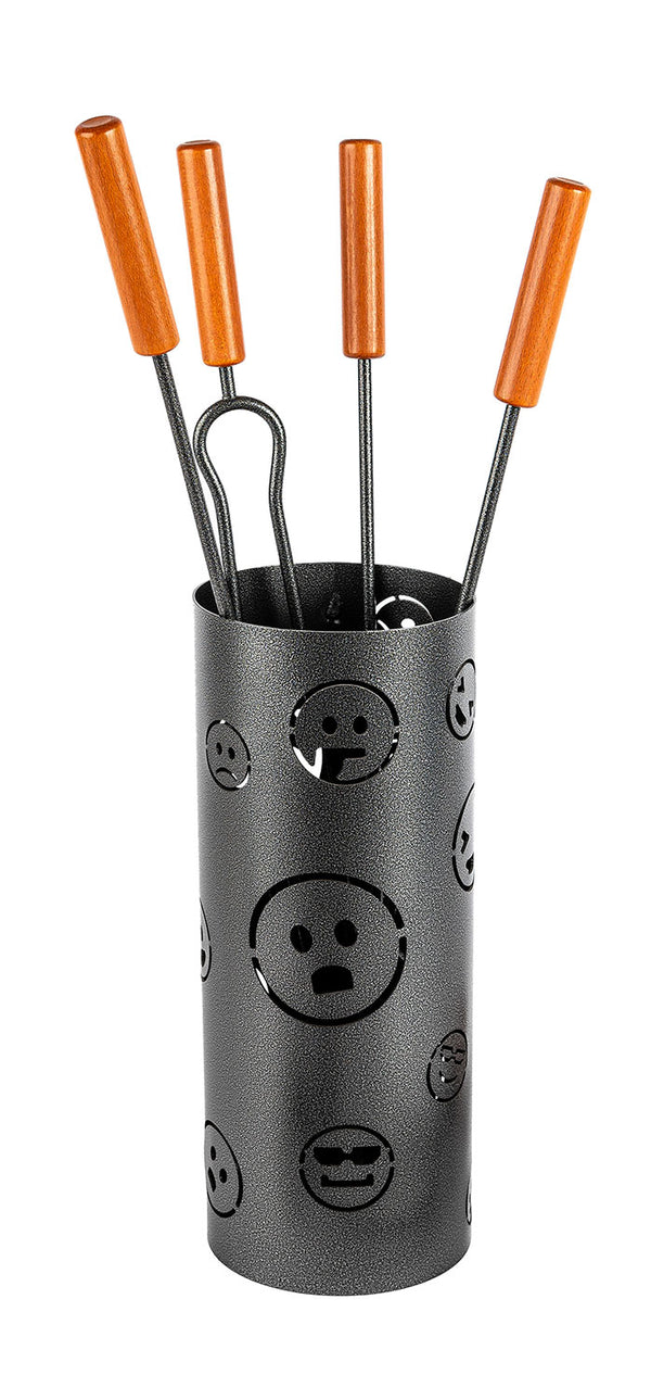 Trespolo per Attrezzi Camino Cilindrico Sagoma Faccine con Paletta Scopino Attizzino e Pinza Ø15,2x62 cm in Ferro Verniciato Grigio Martellato online