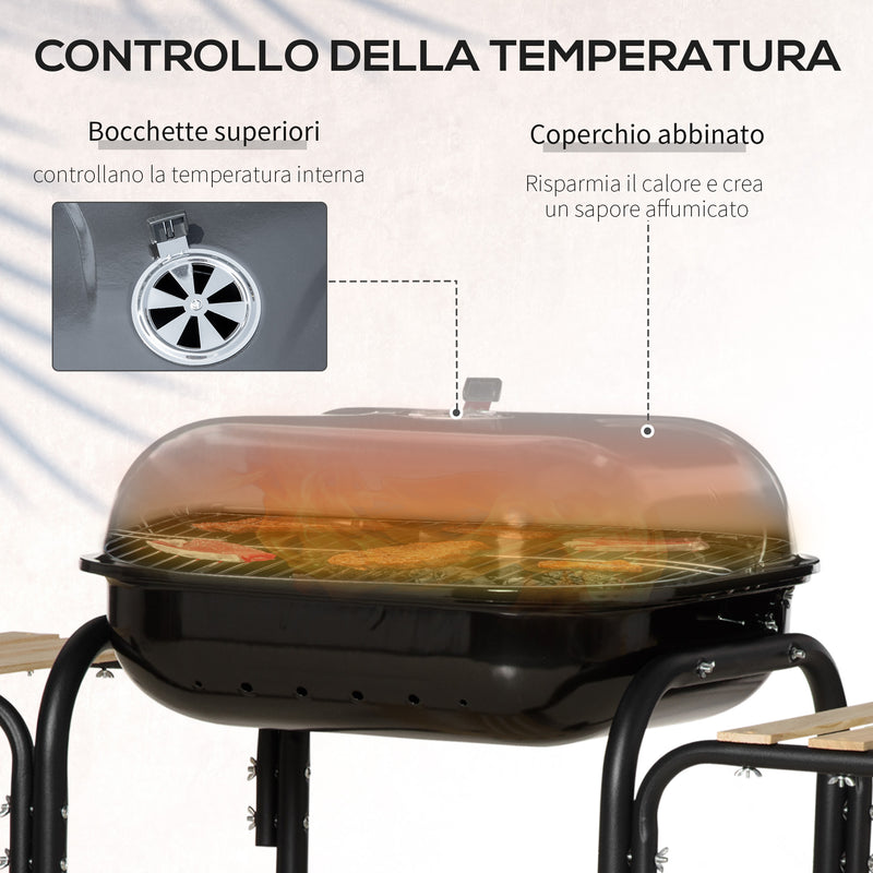 Barbecue a Carbone con Coperchio con Ripiani e Utensili da Cucina Nero   