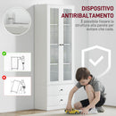 Credenza Cucina 59x30x164 cm Ante in Vetro e 2 Cassetti Bianco  