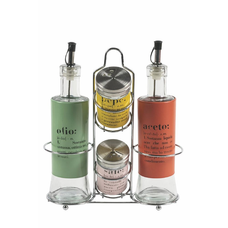 Menage Set Olio Aceto Sale e Pepe  in Vetro e Metallo VdE Tivoli 1996 con Stand