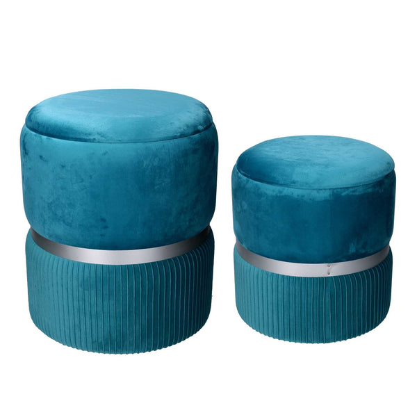 Set 2 Pouf Contenitore Ø35 cm e Ø39 cm in Tessuto Velluto Turchese sconto