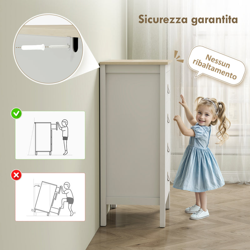 Cassettiera per Camera da Letto a 4 Cassetti 60x40x98 cm con Maniglie in Finta Pelle in Legno Bianco  
