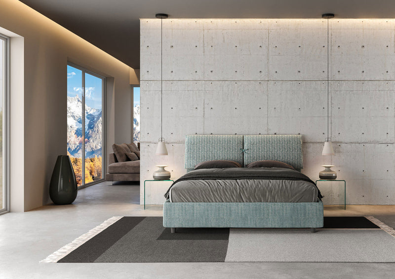 Letto Matrimoniale con Testata e Alzata Comoda Imbottito in Tessuto Aragona Mados Azzurro Varie Misure