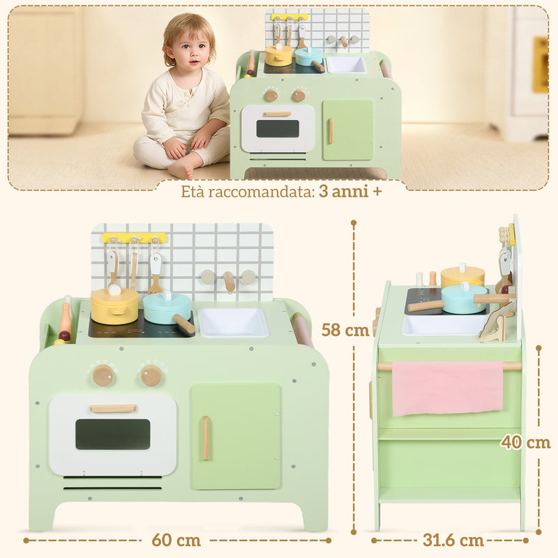 Set Cucina Giocattolo per Bambini da 3+ Anni con 15 Accessori in Legno Verde      