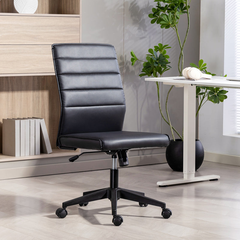 Sedia da Ufficio Ergonomica e Regolabile 58x53x97-107 cm con Schienale Ricurvo in Pelle PU e Acciaio Nero      