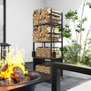 Porta Legna per Interni ed Esterni 45x30x118 cm con Ruote e 4 Utensili Pala Attizzatoio Spazzola e Pinze in Metallo Nero      