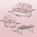 Set da Giardino 4 Persone Divano 2 Poltrone Tavolo in Metallo e Cuscini in Cotone PP Rosa      