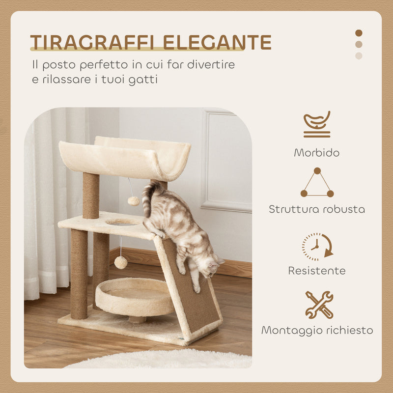Albero Tiragraffi 60x30x76 cm con Cucce e Pannello in Sisal Marrone Chiaro   