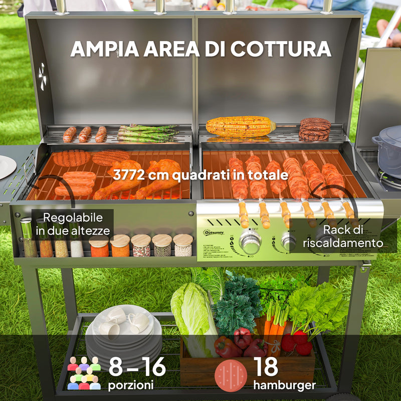 Barbecue a Carbone e Gas con 3 Bruciatori e Coperchio Termometro e Ruote Nero   