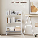 Carrello Portalibri Moderno a 3 Livelli 69x26x108 cm con Ruote Girevoli in Metallo e PP Bianco      