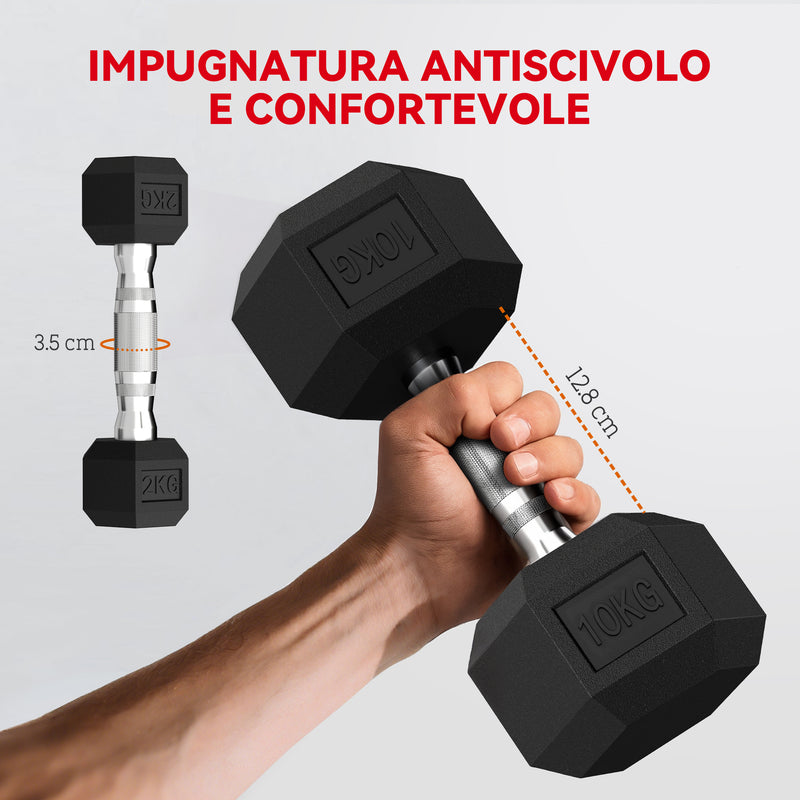 Set 8 Pesi Manubri con Supporto Coppie da 2-5-8-10 Kg in Ghisa Rivestita in Gomma Nero   