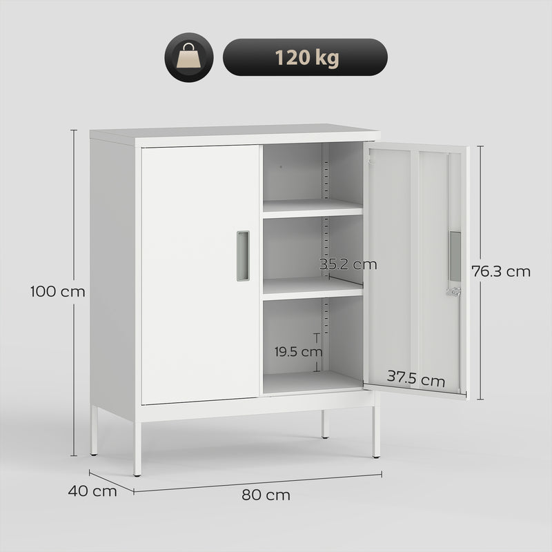 Armadietto da Ufficio 80x40x100 cm a 2 Ripiani Regolabili con Serratura e 2 Chiavi in Acciaio Bianco      