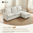 Divano Angolare 3 Posti Modulare 212x125x84 cm con Contenitore Poggiapiedi e Cuscini in Tessuto Effetto Pelle Traspirante Crema      