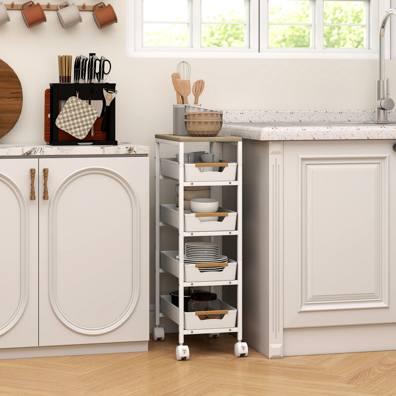 Carrello da Cucina a 5 Livelli 39,5x24x82 cm con 4 Cesti Estraibili in PP e Legno Bianco  
