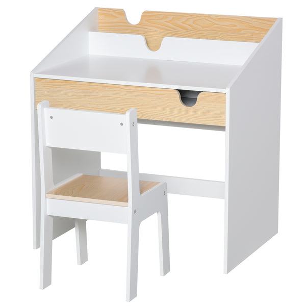 Set Scrivania e Sedia per Bambini con Cassetto e Scaffale in MDF Bianco e Legno acquista