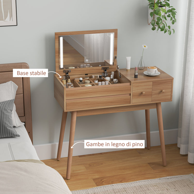 Tavolo da Trucco con Specchio a Luci LED 100x40x87 cm con Organizer Interno Rivestimento in Melamina Noce  