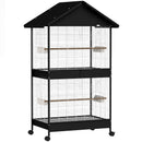 Gabbia per Uccelli Grande 94x70x158 cm con Ruote Vassoio Estraibile Posatoi Tetto in Acciaio e Legno Nero      