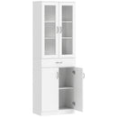Credenza Cucina 60x35x180 cm con 2 Armadietti e un Cassetto Mensole Regolabili e Ante in Vetro in Legno Bianco      