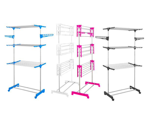 sconto Platzsparender Wäscheständer 165 x 78 x 42 cm 3 Ebenen mit Rollen Joli aus schwarzem Kunststoff