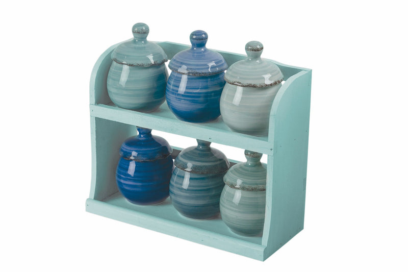 Set 6 Barattolini in Ceramica con Stand in Legno VdE Tivoli 1996 Baita