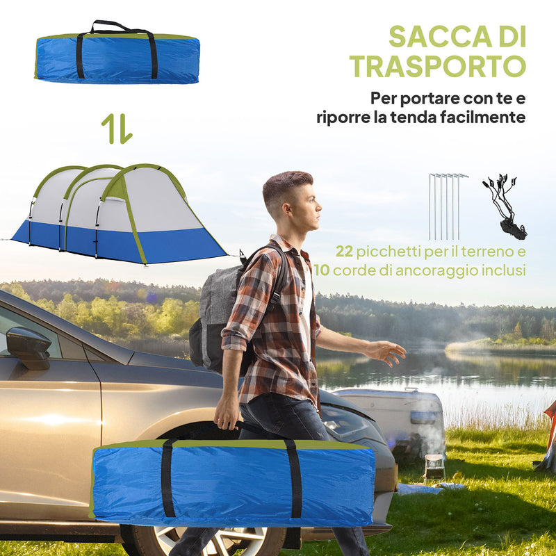 Tenda da Campeggio Impermeabile 420x200x150 cm con 2 Aree e 3 Ingressi in Poliestere e Fibra di Vetro Verde  