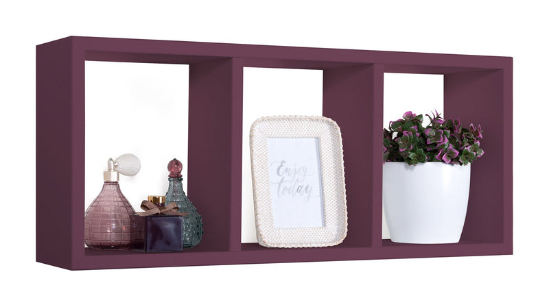 Mensola Rettangolare 3 Scomparti da Parete 70x30x15.5 cm in Fibra di Legno Tristano Viola Melanzana