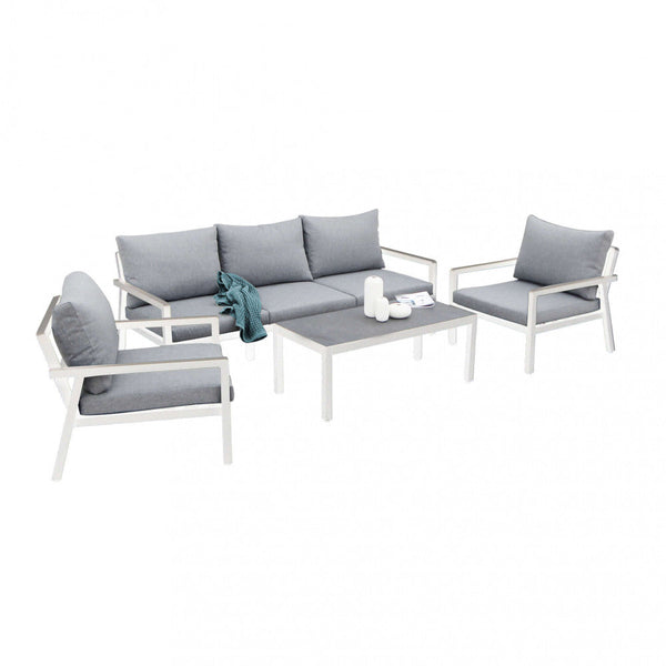 sconto Garden Lounge Set Sofa 2 Sessel und Couchtisch mit Kissen aus weißem Aluminium