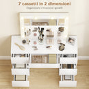 Consolle Trucco con Specchio Stile Hollywood 8 Luci LED con 7 Cassetti e Sgabello Imbottito in Legno Bianco      
