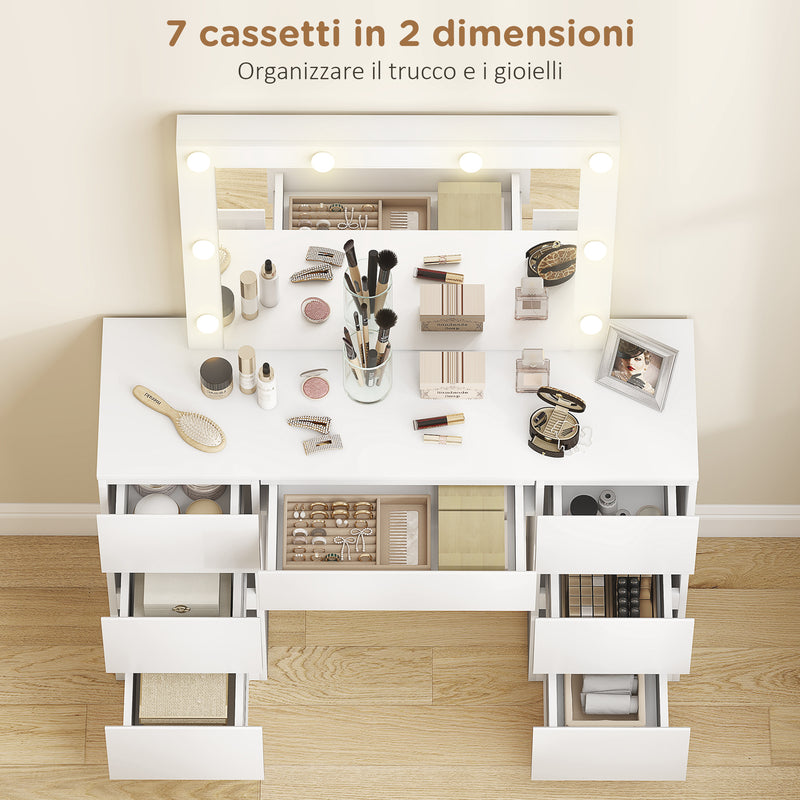 Consolle Trucco con Specchio Stile Hollywood 8 Luci LED con 7 Cassetti e Sgabello Imbottito in Legno Bianco      