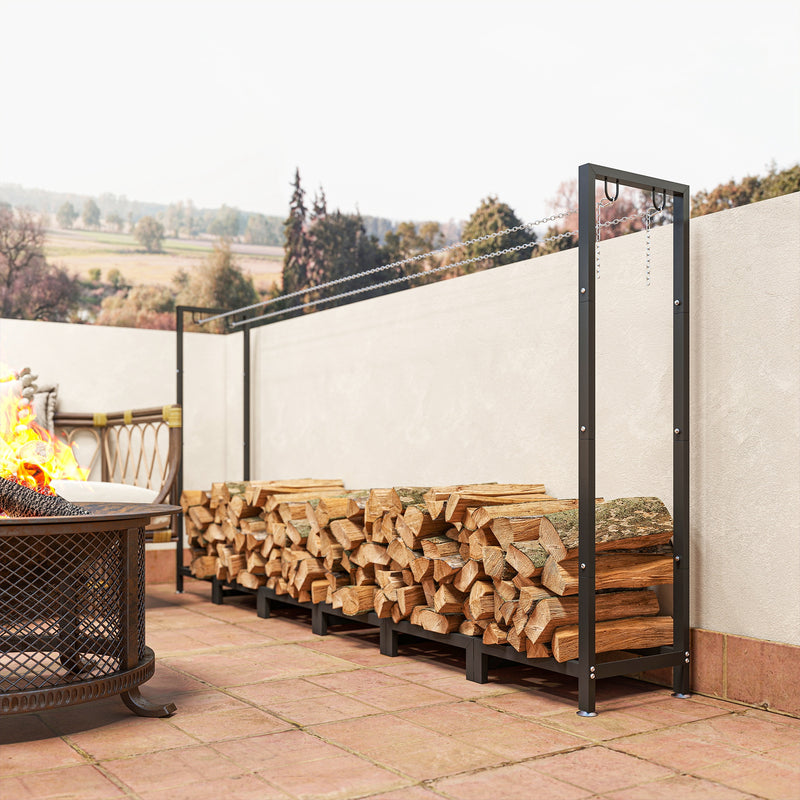 Legnaia da Esterno 235x31x116 cm con Telo Impermeabile e Struttura Regolabile in Metallo Nero      