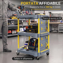 Carrello Portautensili a 3 Ripiani 64x48x95,5 cm con Pannello Forato Ganci Ruote a Freno e Maniglia in PP e Alluminio Grigio e Giallo      