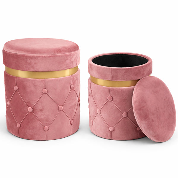 sconto Set 2 Pouf Contenitori 38x44 cm e 31x38 cm con Design Trapuntato in Velluto Rosa