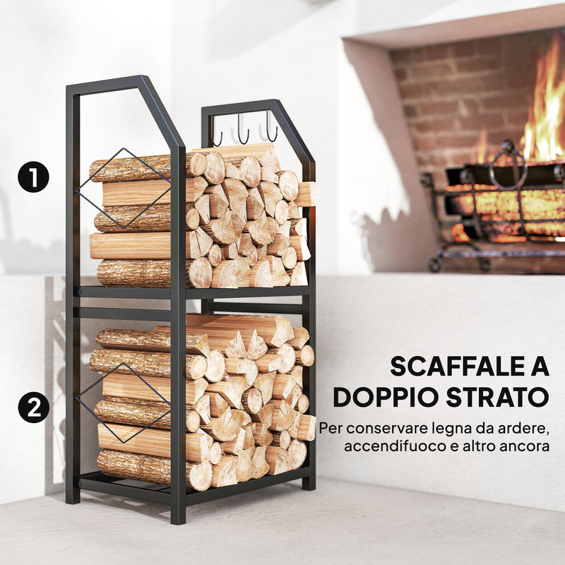 Portalegna da Interno Esterno a 2 Livelli con 3 Ganci 41x30x81cm in Metallo Nero       