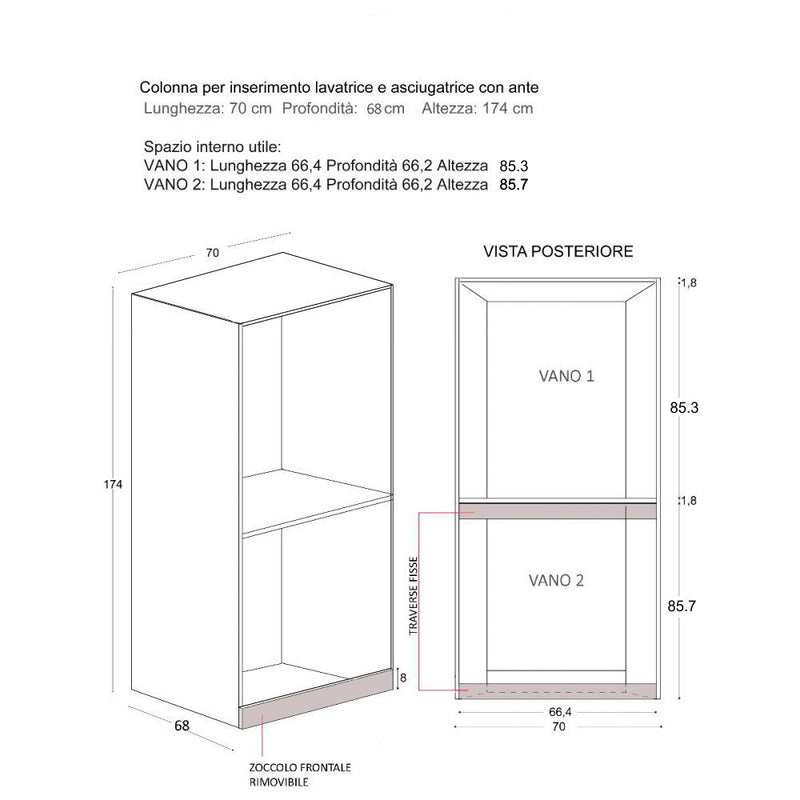 Mobile Lavanderia a Colonna per Lavatrice e Asciugatrice con Ante 70x70x174A cm in Nobilitato Unika Grigio Cemento