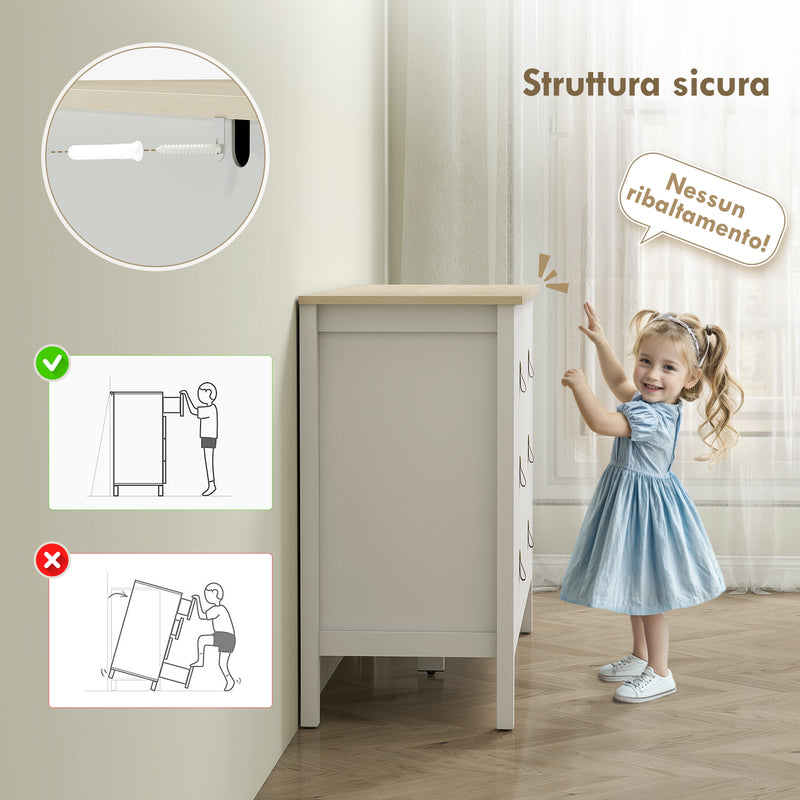 Cassettiera per Camera da Letto a 6 Cassetti 120x40x78 cm con Maniglie in Finta Pelle in Legno Bianco  