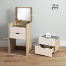Toeletta 3 in 1 50x40x78 cm con Specchio Ribaltabile Sgabello e Cassetti in MDF Rovere e Bianco      