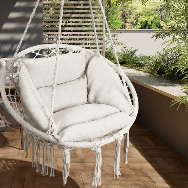 Poltrona Sospesa Giardino Tessuto Sedia Dondolo Pensile Amaca con Cuscino Beige prezzo