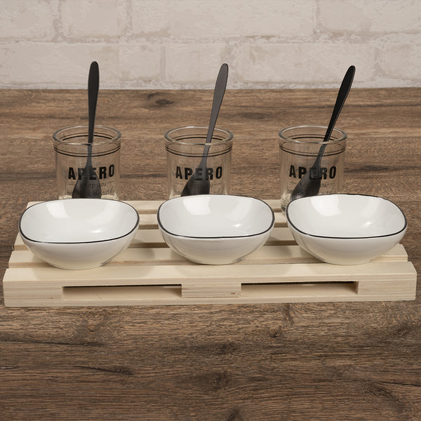 Set Aperitivo Antipasto Vassoio Mini Pallet 28x15x2 cm con Bicchieri e Ciotole in Ceramica Bianco online